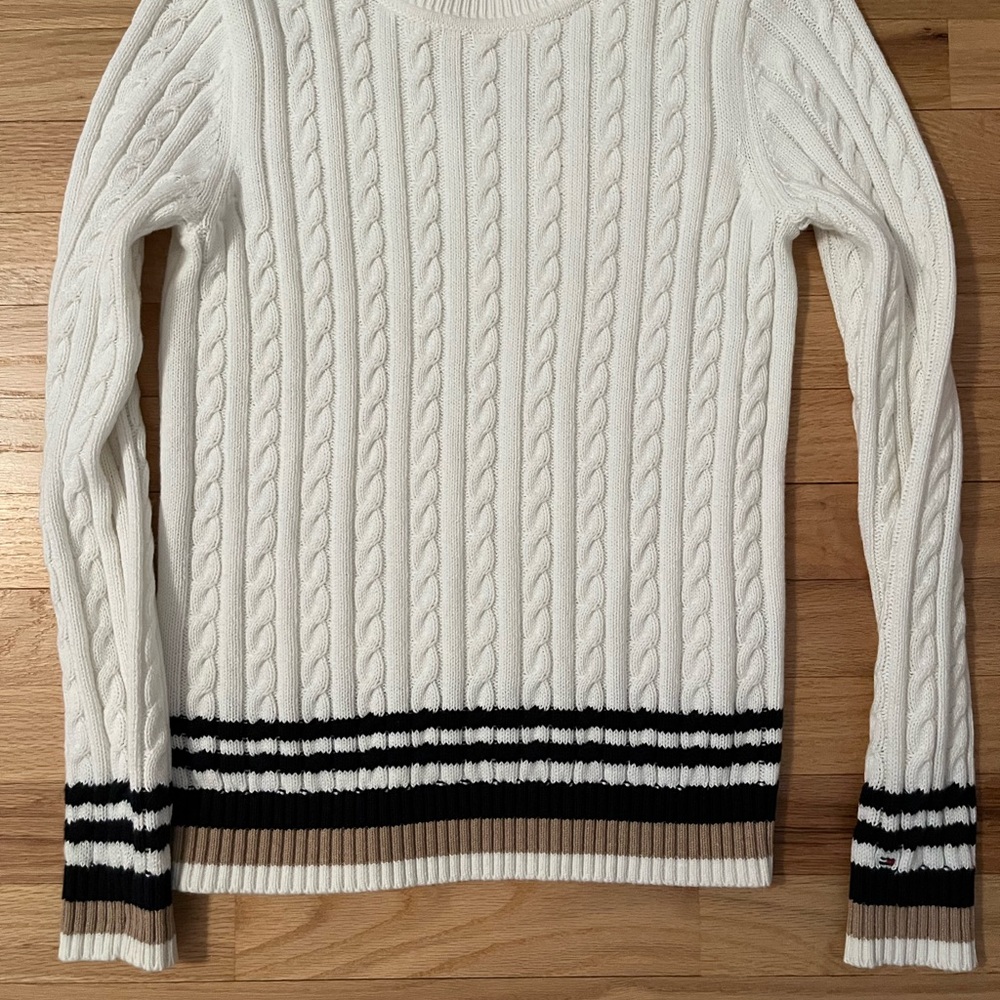 White Cable Knit Sweater with Black and Brown Stripes